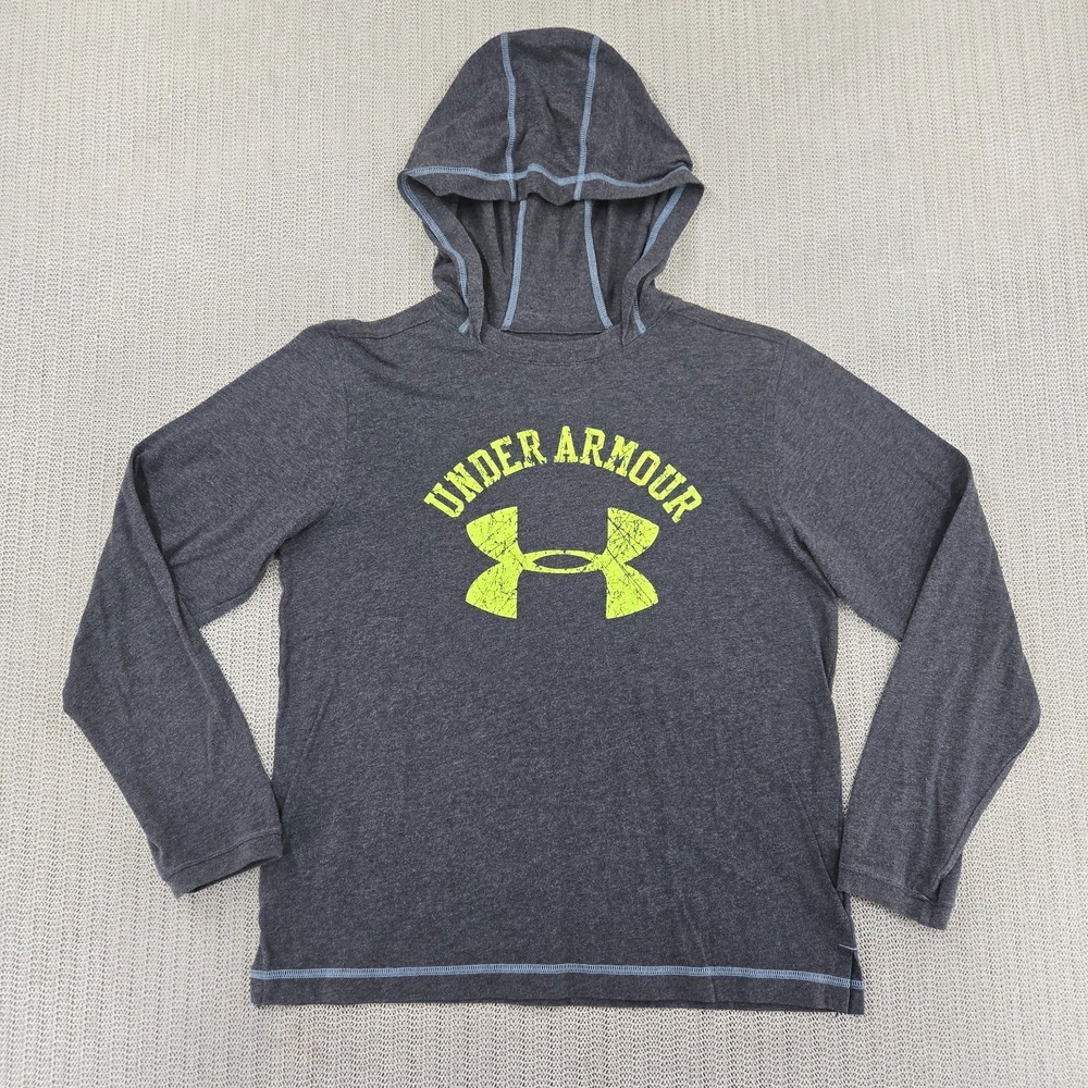 Under Armour Hoodie Sweatshirt Youth Boys Large Gray Green Graphic Relaxed